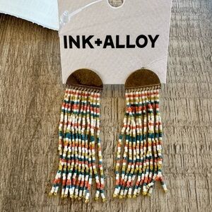 INK+ALLOY Seed Bead Earrings with brass and Rainbow Beaded Fringe
